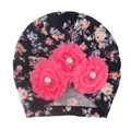 Navy blue floral baby hat with pink chiffon sunflowers and decorative pearl centers - F Dark Blue Pink Flower