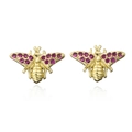 Exquisite gold bee earrings with purple crystal wings on a white background - Gold-Bee-Magenta