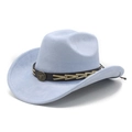 Detail of light blue faux suede cowboy hat with vintage bronze bull head and leather band - M (56-59cm) / Light Blue Suede