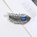 Vintage silver feather hair clip with white pearl and blue teardrop gemstone accent - Antique Silver Feather + Blue Glass