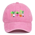 Close-up of colorful vegetable embroidery on pink washed cotton baseball cap - Pink