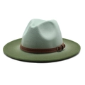 Detail of the two-tone gradient felt fedora with a brown leather belt buckle strap - Mint Green + Army Green