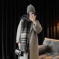 Thick black and grey plaid tassel scarf in soft mohair style for winter fashion - Black