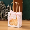 White gift bag with clear window and pink satin bow with Happy Birthday tag - Beige + Birthday Tag + Raffia