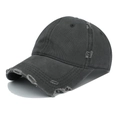 Vintage washed charcoal grey cotton baseball cap with distressed torn brim and holes - Adjustable / Dark Gray