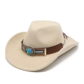 Détail d'un chapeau de cow-boy en feutre beige avec bande de turquoise et perles - M (56-58cm) / Beige