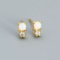 Minimalist S925 gold stud earrings featuring round white opal and tiny zircon stones - Gold (White Opal)