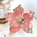 Coral pink velvet Christmas flower decoration with gold glitter edges and sequin center - Begonia Smoky Pink 22CM