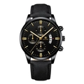 Detailed close-up of the black chronograph watch dial with golden markers and calendar window - Black Strap Black Case Black Dial Gold Hands