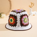 Handmade crochet floral bucket hat in white and brown with colorful flower patterns - One Size / Coffee Daisy Hat