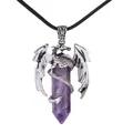 Pendentif dragon argenté autour d'une pointe en cristal violet et cordon noir - Collier Améthyste (avec cordon)
