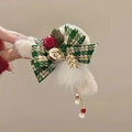 Pince à cheveux de Noël avec nœud pied-de-poule vert et gland de cloche dorée - Pince Verte Cloche de Noël / Vert