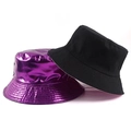 Metallic purple and matte black PU leather bucket hats for women shown in a side-by-side view - M (56-58cm) / Purple