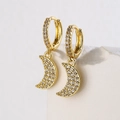 18K gold-plated moon hoop earrings with micro-set zircon crystals on white stone - Gold Crescent Drop Style (42942)