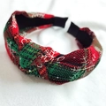 Christmas knotted headband featuring red and green plaid fabric with snowflake patterns - Snowflake Red Green Plaid