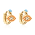 Macro view of gold-plated evil eye hoop earrings with orange enamel and blue bead detail - Orange