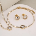 Luxury gold stainless steel jewelry set with round halo cubic zirconia pendant and earrings - Gold Round