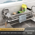 Gunmetal grey suction sink organizer with towel bar and drip tray, 32.5cm width - Flagship Model (Hooks Bar and Drain Tray) / Gunmetal