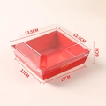 Red square disposable sandwich cake box with clear lid and dimension markings - Large Square Red Happy Everyday