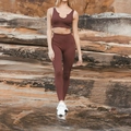 Women's ribbed coffee brown two-piece yoga set with V-cut sports bra and high waist leggings - S / Coffee