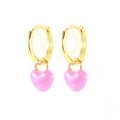 Elegant 18K gold-plated hoop earrings with pink enamel heart-shaped pendants on white background - LN0569-7 Pink Heart Glazed Hoop Earrings