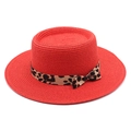 Cappello di paglia rosso a tesa piatta con nastro leopardato e fiocco per vacanze - M (56-58cm) / Rosso
