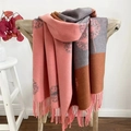 Winter faux cashmere scarf with pink and grey dandelion patterns and tassels on wooden chair - Dandelion Watermelon Red