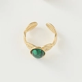 Bohemian adjustable gold-plated ring with a round green malachite stone and leaf textures - Adjustable Open / Dark Green