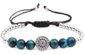 Blue tiger eye beaded woven bracelet with silver micro-pave evil eye charm - Silver Tiger Eye