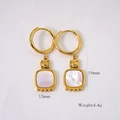 Detail showing 19mm length and 12mm width of vintage gold square shell hoop earrings - Square Shell Inlay Style (XB2402007-6)
