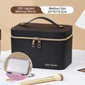 Black leather makeup case with LED mirror and gold zippers, size 22x15x15.5cm - Medium Black [LED Light]