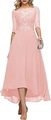 Elegant pink lace embroidery evening dress with a high-low chiffon skirt and middle sleeves - US Size 12 (L) / Top And Bottom / Pink
