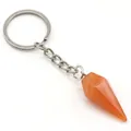 Orange natural crystal hexagonal cone keychain with silver metal ring and chain - Red Agate