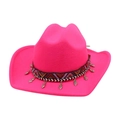 Neon pink fedora cowboy hat with ethnic geometric band and silver heart pendants - One Size / Rose Red (Silver Triangle Decoration)