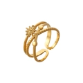 Detail of gold-plated triple-layer open ring with star motif and beaded texture - Gold Triple Layer Sun Star