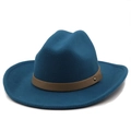 Dark blue wool fedora hat with wide brim, brown leather strap, and gold stud accent - M (56-58cm) / Teal