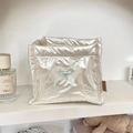 Detail of quilted PU storage box featuring a satin blue bow and elegant lace trim - Small Bow Beige