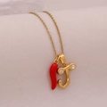 Gold stainless steel necklace with red enamel corno and crystal letter T pendant - Letter J(J)