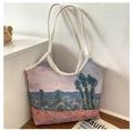 Detail of artistic oil painting print on large canvas tote bag with white shoulder straps - Style 2 (Monet Landscape)