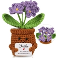 Handmade crochet potted flower in brown and purple with positive German greeting card - Purple Forget-me-not