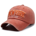 Vintage washed cotton baseball cap in brick red with New York 1625 3D embroidery - One Size Adjustable / Orange