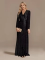 Dettaglio dell'abito da sera nero con paillettes, scollo a V e nodo in vita elegante - US size 2 / Nero
