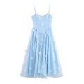 Abito midi azzurro stile francese con strati di mesh e dettagli floreali 3D - XS / Azzurro