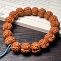 Brown carved bodhi seed cat claw bracelet with blue braided rope on wooden background - Vajra Five-Petal Honeycomb Single Loop Style
