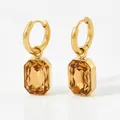Gold stainless steel hoop earrings featuring large rectangle amber crystal pendants - Rectangle Pendant Style (KDE571) / Coffee
