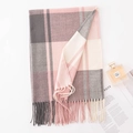 Pink, grey, and beige checkered cashmere-feel scarf with elegant fringe details - Dusty Pink