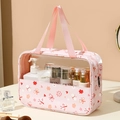 Pink transparent travel toiletry bag with butterfly floral prints and zipper handle - Large / Pink Butterfly & Flower