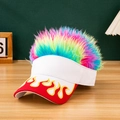 Detail of creative white baseball cap with red brim, flame embroidery and colorful wig hair - White + Multicolor Hair