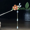 Traditionelle goldene Haarnadel mit rosa Blüten und eleganten langen Quasten - Orange-Rosa Farbverlauf Blume Künstliche Perle Quaste (0982)