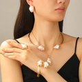 Baroque irregular pearl jewelry set with golden necklace, earrings, bracelet and ring - Gold Baroque Pearl 5-Piece Complete Set